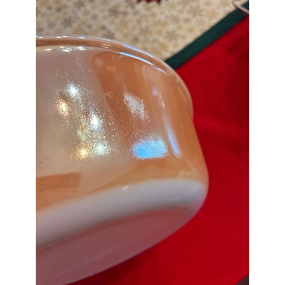 Vintage Fire-King Peach Luster 2Quart Round Casserole Dish Milk Glass Tab Handle